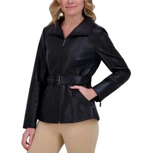 Kenneth Cole Womens Large Jacket Faux Leather Black Belted Coat New